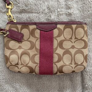 Coach Khaki/Brown Signature Canvas Wristlet with Burgundy Stripe